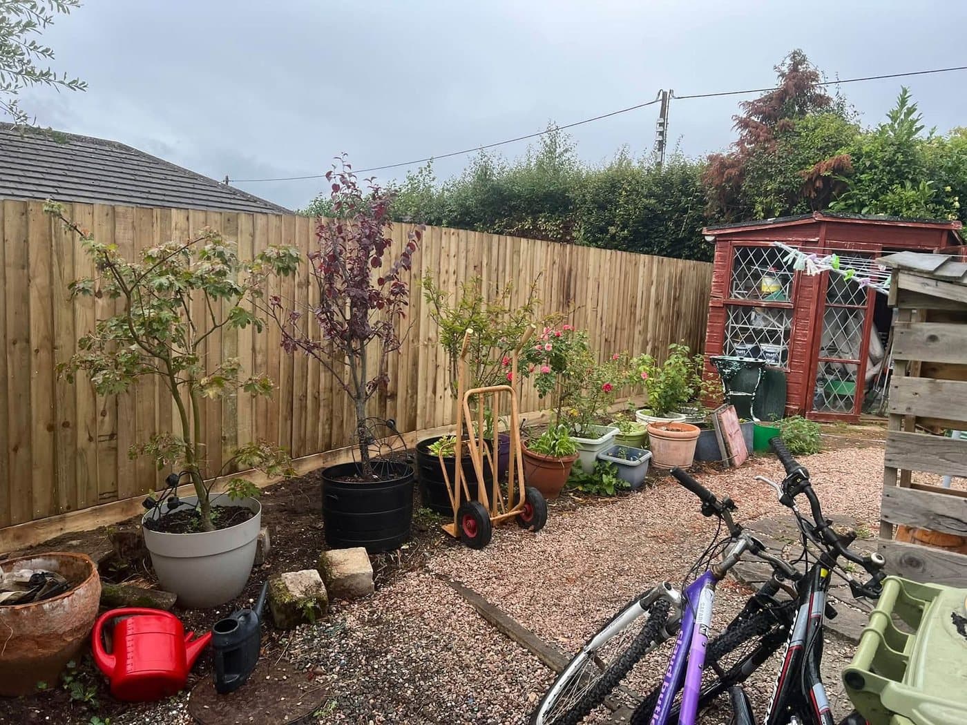 A long close-board fence along a back garden, behind potted plants